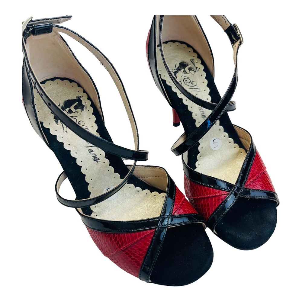 Mr Tango Shoes Women Size 5 Black Red Snake Skin Open Toe High Heels Dance Shoes - Picture 2 of 15